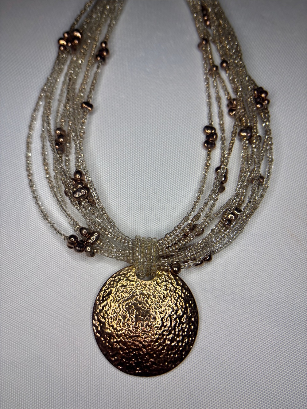 Joan Rivers Coppertone, and clear seed bead statement necklace